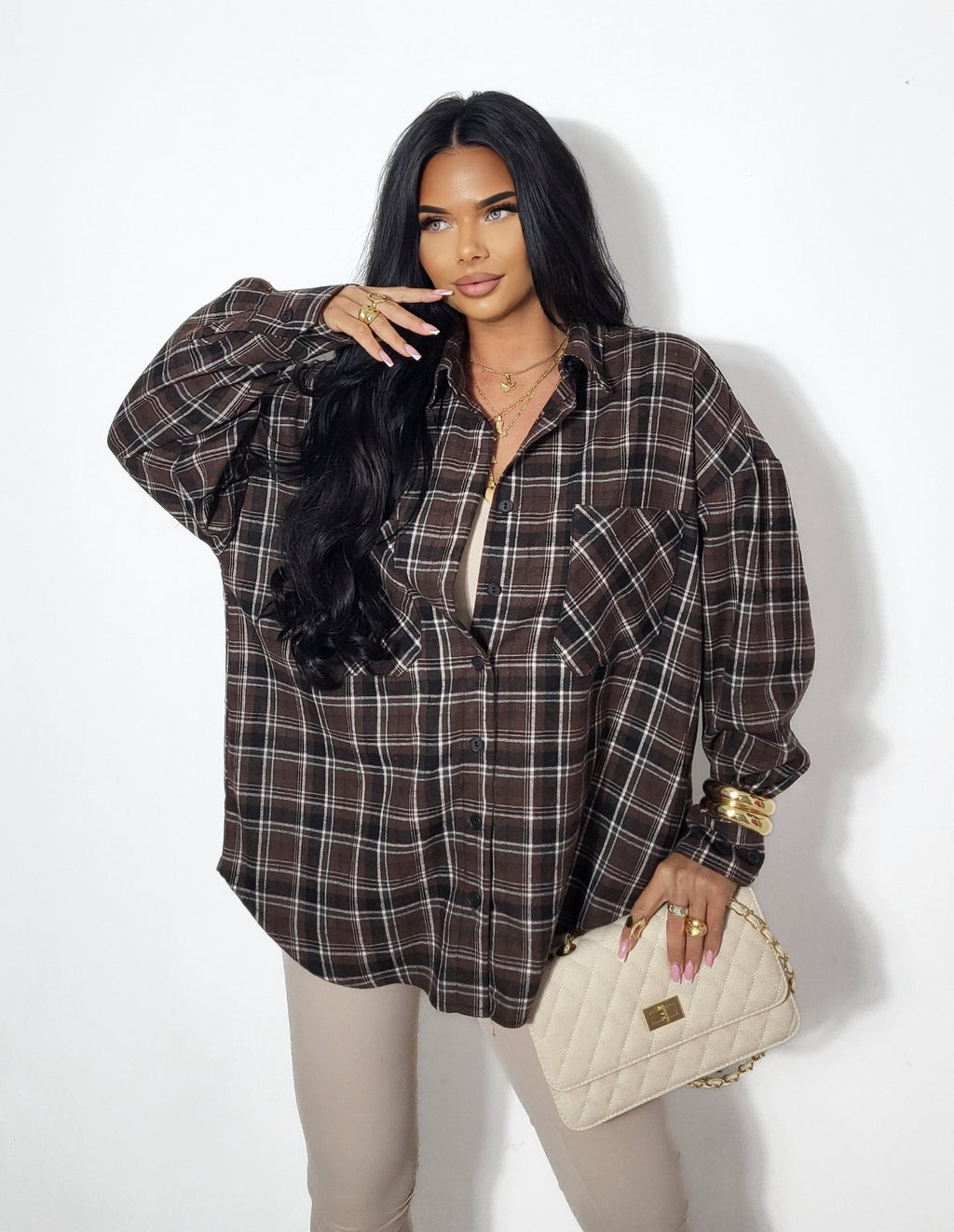 Koszula Plaid w kratę brązowa - Lexandra Style